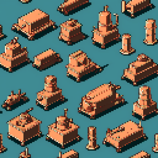 simple, geometrical copper pieces from a tank. Steampunk. It should be seen from the left side with no perspective, on a solid-color background. There should one be two or three pieces in each frame, it shouldn't be complete.