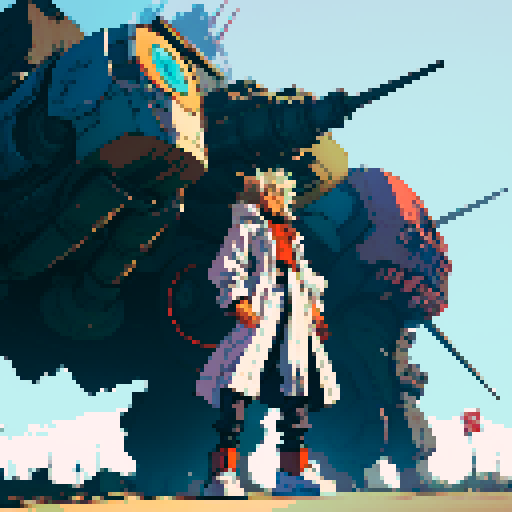full-body image mad scientist facing left with giant robot