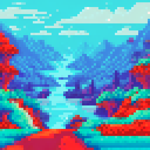 deez, vibrant colors, low resolution, pixelated buildings, scenic background, mountain range, lush forest, blue sky, peaceful lake, sunset glow