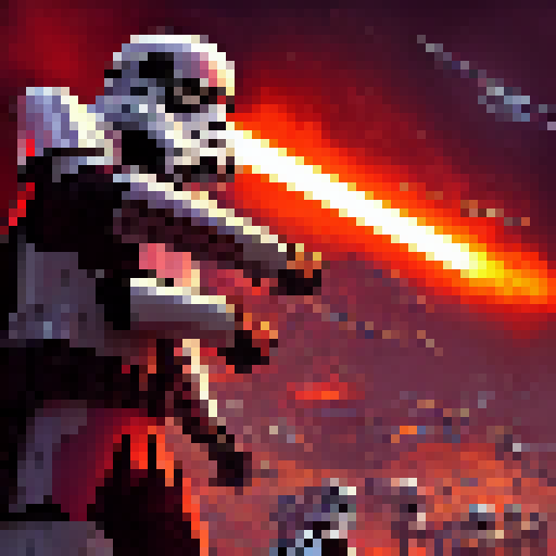 Vibrant colors, intricate details, and a mix of art styles come together to depict a fierce battle between an army of stormtroopers and a group of rebel fighters on Star Wars Day.