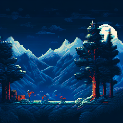 Three, towering snow-covered peaks, illuminated by a full moon, loom over a serene, pine tree-filled valley in a pixel art style reminiscent of classic RPG landscapes