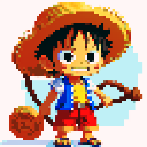 Luffy as a child, pirate hat, straw sandals, wide smile, blue vest, red shorts, pixel art, sRGB