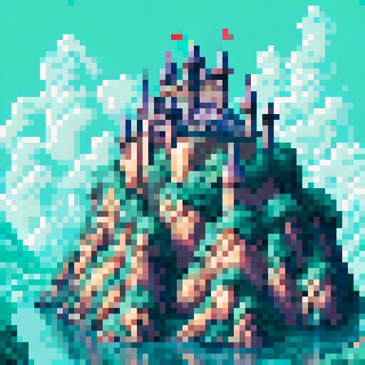 A stone castle accented with silver and gold, sitting atop a snowy hill on a vast plain