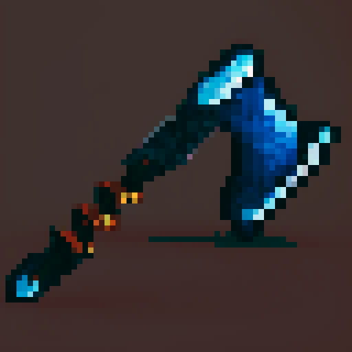 fantasy axe, sharp blade, metallic sheen, steel colored blade, textured grip