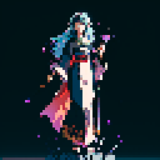 legendary anime girl wizard, floating above the ground, long flowing hair, dark and emo colors, glowing magical staff, intricate and ornate robes, intense and focused expression looking to the right, not wearing shoes, sparkling and shimmering background, sRGB