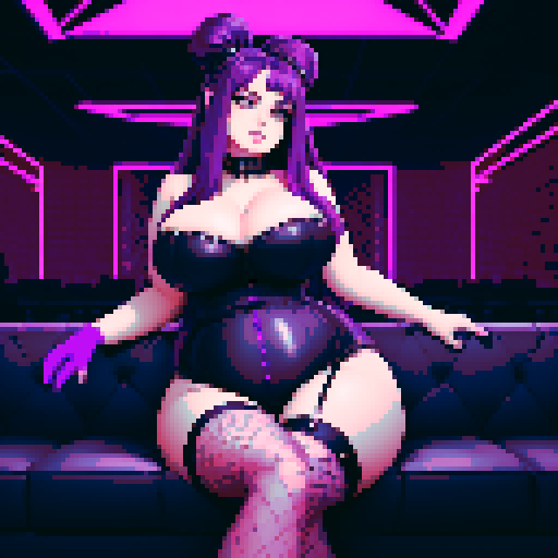 Portrait of Thicc, curvy, busty seductive goth babe with studded collar, long purple hair in buns, fishnet stockings, exposed breast, on couch in nightclub, neon signage. pixel art, sRGB.