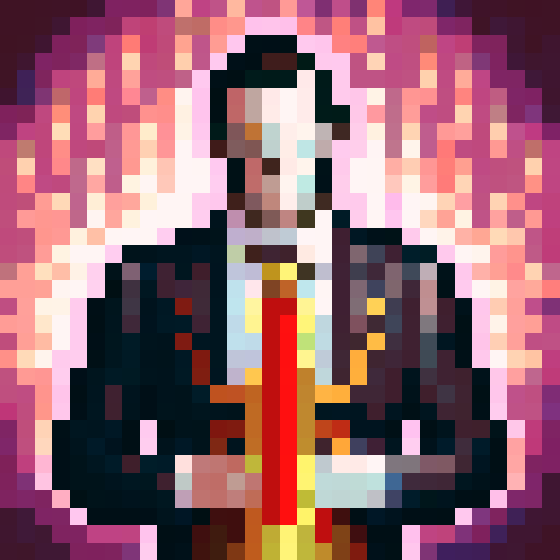 Saxophonist in a sleek black suit and vibrant orange tie, captured in a 32x32 pixel game icon with skillful, close-up portrait art.