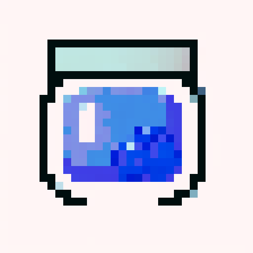"Create a whimsical close-up portrait of a charming, smiling magic blueberry jam jar character with one big white left eye, a sliver lid, and shiny glass jar - rendered in a playful pixel art style with a vibrant, crisp, simple color palette and clean vector shading that would make for a perfect game icon."
