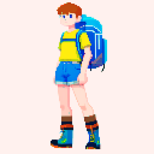 Full body image of a male character wearing a T-shirt, colorful shorts, hiking boots, and a back pack 
