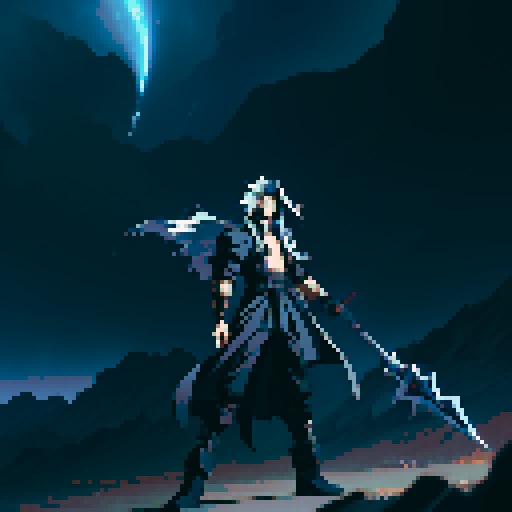 Full-body image of a villain like Sephiroth from FF7 except he has black hair.