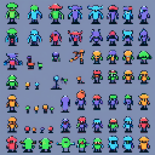 create a bunch of different pixelart 2d monsters i can use as enemies in the game im developing