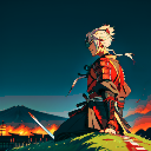 A battle has just ended, our male character is a japanese samurai, he is tired from the battle, his sword is dripping with blood and he's overlooking the burning shrine from his town that has just been attacked. On the backgrouund you can see old Tokyo and Mt Fuji.