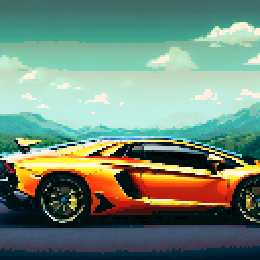 Photorealistic, centered Lamborghini Aventador in a three quarter view, right wheel in front, clean background, pixel art style with sRGB colors