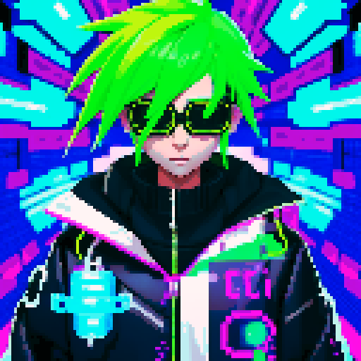cyberpunk hacker with neon green hair and augmented reality glasses, floating above a glowing gene bottle filled with swirling strands of DNA, surrounded by a digital landscape of glitchy code rendered in pixel art with vibrant sRGB colors