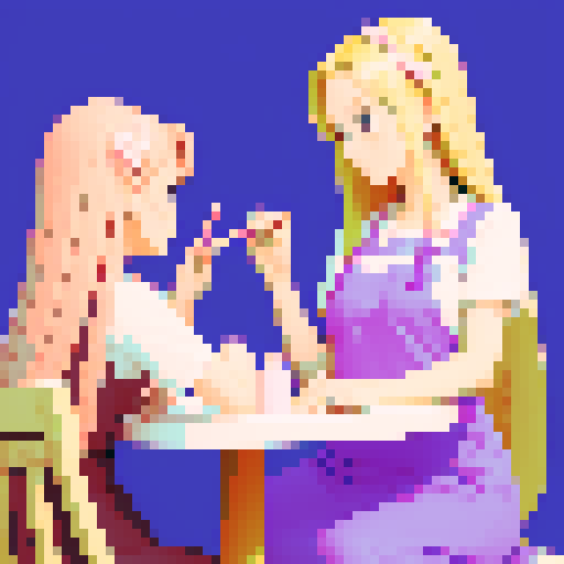 Nail tech with long blonde hair wearing a pink apron and a girl with brown hair wearing a purple dress sitting down facing each other at a table in a nail salon.