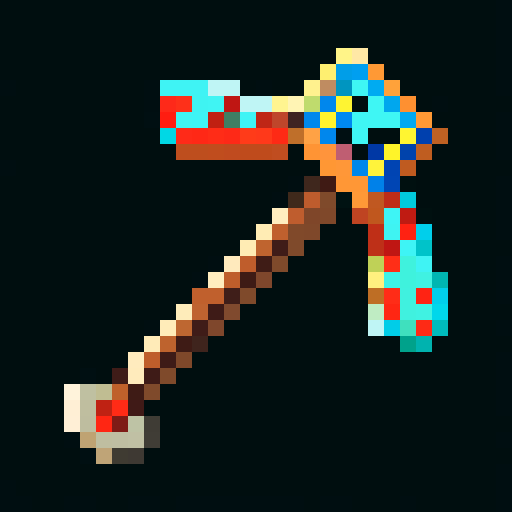 minecraft pickaxe, carved wooden handle, stone head, intricate tribal patterns