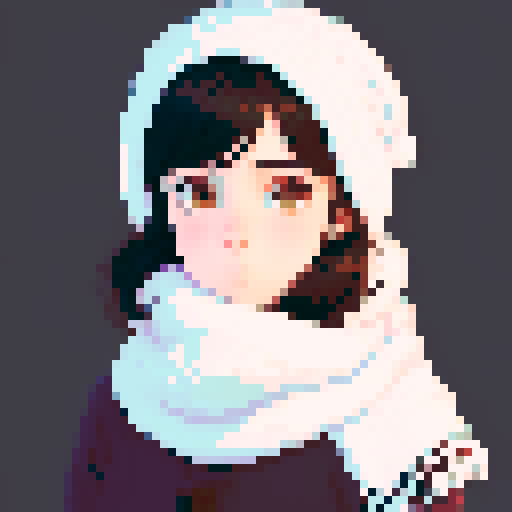 portrait, sprite art, young woman, dark eyes, dark hair, shy girl, awkward, cute, soft eyes, autistic, cozy winter, white scarf, shy, timid, stardew valley