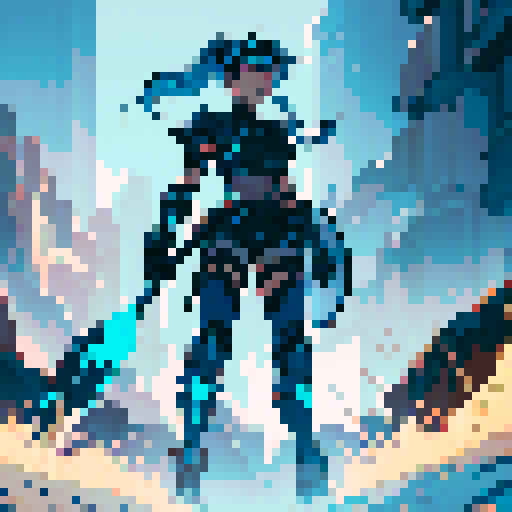 athletic female, exuding strength and agility. shoulder-length Midnight Blue hair, streaked with Royal Blue highlights. armor is a sleek combination of Dark Slate Blue and Neon Cyan, Steel Gray accents cover her gauntlets and shin guards, Charcoal Black underlayer. glowing Gold artifact on chest and Blue visor. utility belt, in Dark Gray with Neon Purple details, and black boots with Cyan highlights