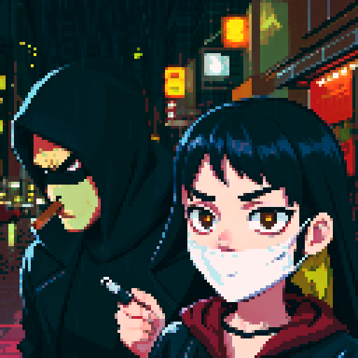 Girl on the right smoking a cigarette, guy on the left holding a gun with a black mask covering his face, gritty, rainy, nighttime, downtown