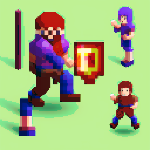 sprite sheets for the hero character, a 32x32 armored woman sprite, wielding a sword and shield, with animation frames for walking, running, dodging, blocking, and attacking. Two expressive 64x64 portraits for dialogue are tucked in the corner.