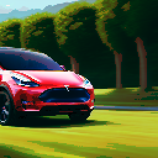 Photorealistic whole Tesla Model Y, centered, three-quarter view, right front wheel, clean background, realistic colors, pixel art style
