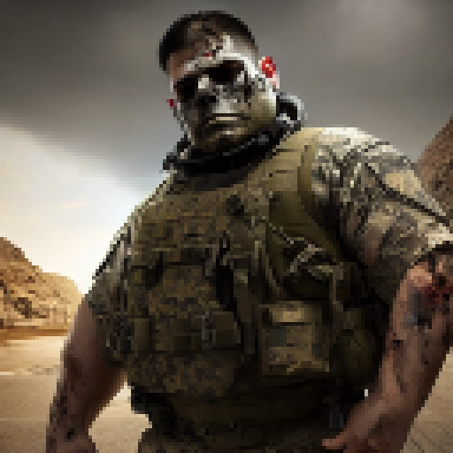 Military bulldog, muscular and fierce, wears a bullet-proof vest and holds a shotgun with a grim face, set in a zombie shooter game with apocalyptic background 