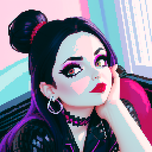 curvy cute goth girl face, black hair, purple eyeshadow, red lipstick, face portrait, glamour shot, vibrant sRGB colors, pixel art, nes style