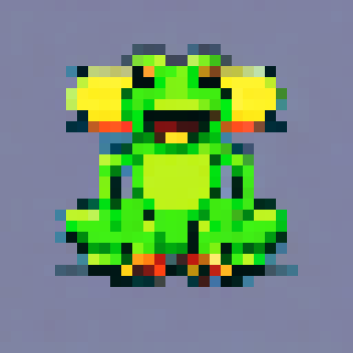 Bright green frog with golden eyes, rendered in pixel art with a sRGB color palette and a transparent background for a badge design
