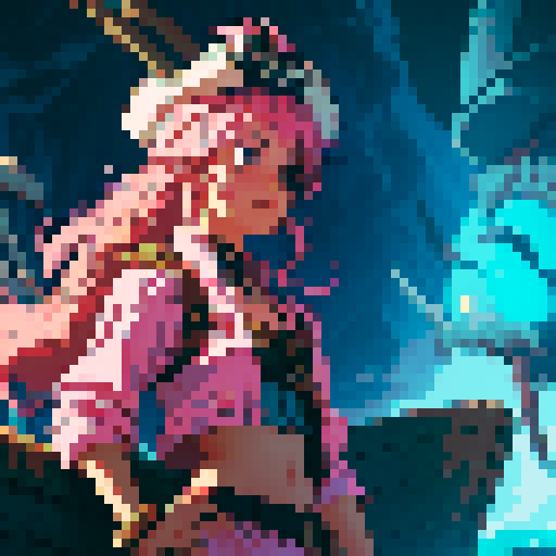 female pirate captain with pink hair, white frilly shirt, captain's hat, holding flintlock pistols, on the bow of her ship, looking defiant, against sinister albatrosses, crabs, deep sea creatures, pixel art