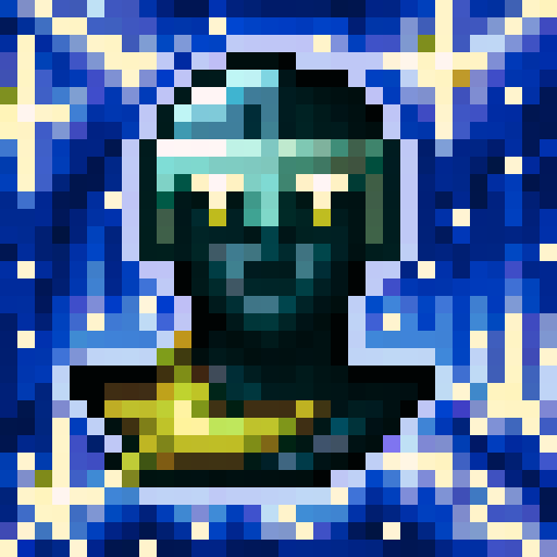 Pixel art of a goofy knight with oversized armor, a tiny helmet, and a massive sword dragging behind. He wears a tattered cape and a glowing rune-covered gauntlet. One hand holds a sword, the other a magic staff. Limited but vibrant colors: dark blue, gold, and glowing purple. Confident yet silly smirk. Retro 16-bit RPG style