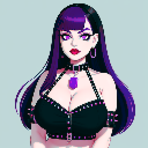 Plus size busty goth girl, with long purple hair, eyeliner, red lipstick. wearing a halter top and studded collar. Posing for a face portrait, avatar photo. vibrant sRGB colors, pixel art, edgy aesthetic