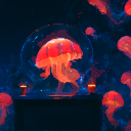 Jellyfish glowing with ethereal light, floating gracefully amidst a vibrant underwater kingdom, adorned with intricate, iridescent armor, surrounded by mesmerizing spells and magical creatures