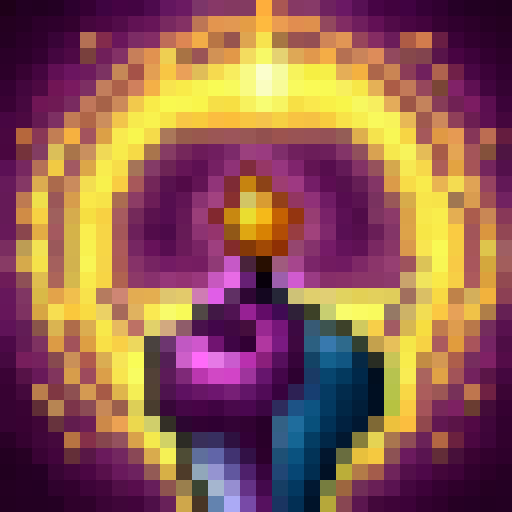 Purple energy explodes around a Lambda symbol, rendered as a game icon in 32x32 pixel art with a close-up, skillful portrait style.