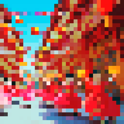 Chinese children, vibrant traditional garments, pixel art, sRGB, lively expressions, delicate embroidery, intricate patterns, vivid color palette, playful poses, cultural celebration, auspicious symbols, joyous atmosphere, bustling cityscape, lantern-lit streets, dragon dance, fluttering paper fans, blossoming cherry blossoms, ornate headpieces, graceful movements, animated pixels, cultural pride