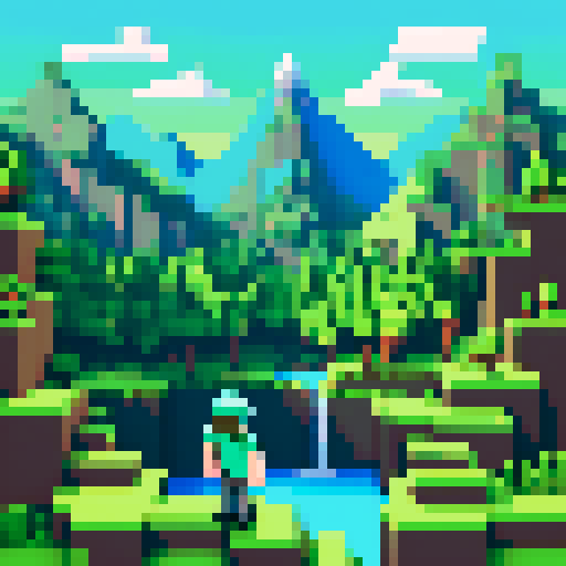 minecraft steve wearing a green fedora hat, surrounded by a vibrant, pixelated landscape with towering mountains, lush forests, and a sparkling blue river