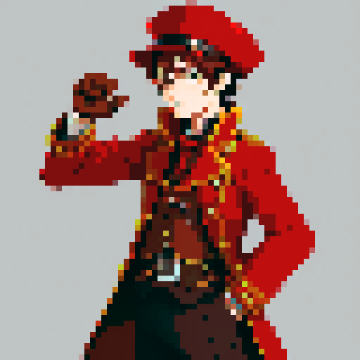 steampunk young man, red coat, red hat, 2D game stance, pixel art, sRGB