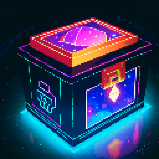 lootbox, outerspace, the heavens, glowing celestial treasure chest, sei network symbol, pixel art, sRGB