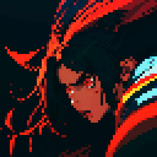 Dark, fierce, and stunning, a chimera with a blend of black and red, depicted in pixel art with vibrant sRGB colors