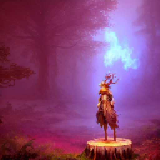 A mystical druid, surrounded by glowing mushrooms and a wispy fog, stands atop a tree stump in a dense forest, communing with a majestic deer spirit.