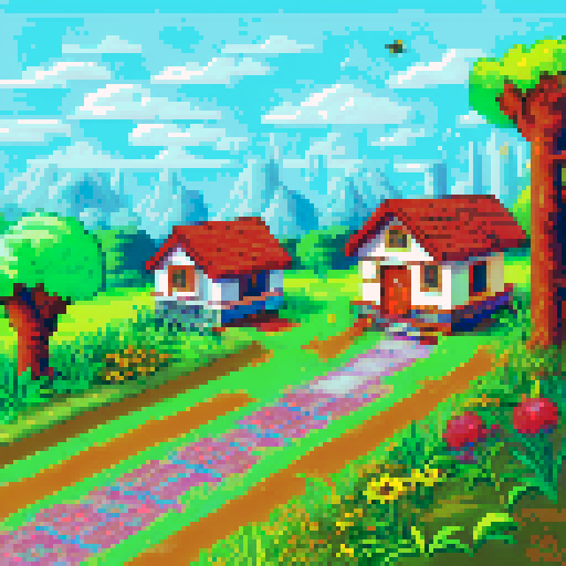 small apiary, beekeeper tending hive, isometric style, sRGB, pixel art, English countryside, vibrant colors, lush landscape, buzzing bees, quaint wooden hives, dappled sunlight, blooming wildflowers, rolling hills, thatched roof cottage, idyllic scenery, peaceful ambiance