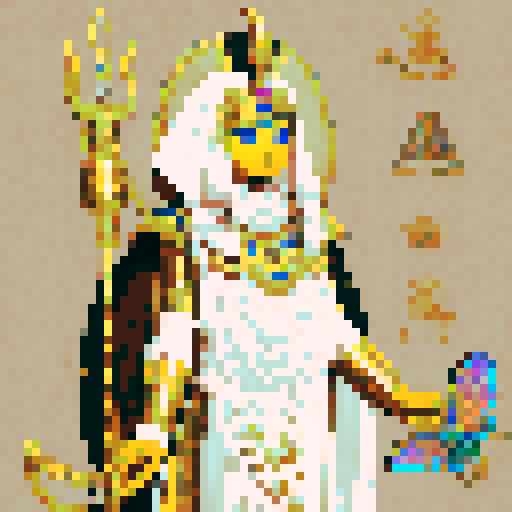 Mysterious Egyptian god Plutus, golden headdress, glowing eyes, hieroglyphic background, intricate jewel-encrusted staff, sacred scarab beetle, vibrant colors, pixel art, sRGB