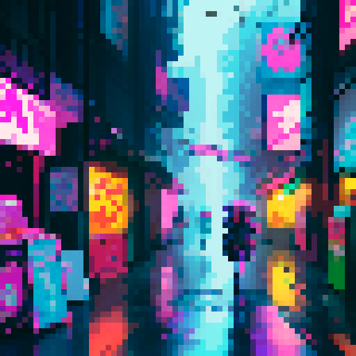 Cyberpunk night market, neon-lit alleys, bustling crowd, holographic advertisements, towering skyscrapers, futuristic vehicles, vibrant colors, glitchy visuals, retro arcade machines, steam rising from street food stalls, flickering streetlights, rain-soaked pavement, vibrant graffiti, pixelated storefronts, augmented reality displays, robotic vendors, glowing cybernetic implants, glitched-out visuals, sRGB, pixel art