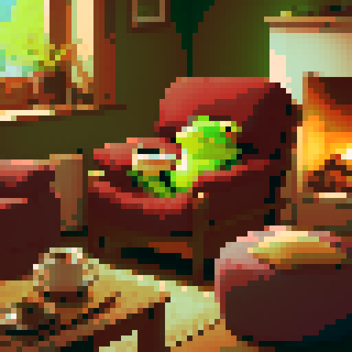 Picture a cozy living room with a crackling fireplace casting a warm glow across the room. A comfortable sofa sits in front of the fireplace, adorned with plush cushions. On the sofa sits a cute little frog, its tiny feet dangling off the edge as it leans back against one of the cushions, looking utterly content.

Next to the frog is a small coffee table, upon which sits a steaming cup of coffee, the aroma wafting through the air. The frog reaches out with one hand, delicately grasping the cup, 