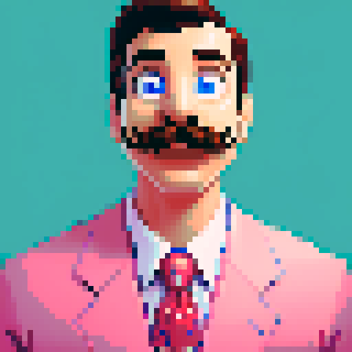 surprised man with a mustache, bright suit, closeup portrait