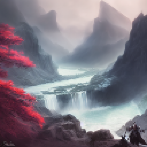 Dragon and knight clash in epic battle amidst rushing waterfall, misty mountain backdrop, captured in stunning landscape portrait.