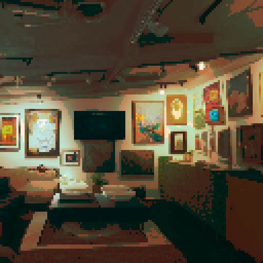 a cozy art gallery with several paintings in view