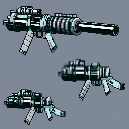 I want to see a simple minigun with 8 barrels floating in the center of the frame. It should have strange mechanical details that could interlock with others. I want this object usable an asset in a videogame, meaning only one object per image, outlined with a strong black stroke, on a solid-color background. 