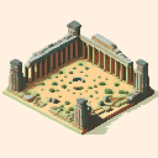 Ruined and destroyed grand temple of Apollo, in the desert, Hex Map Temple Icon.