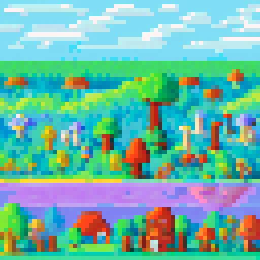 pixel art landscape aerial view with tall, vibrant trees, whimsical mushrooms, cozy houses, and colorful flowers
