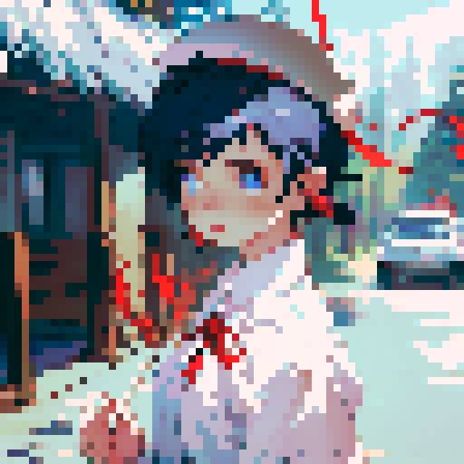 A girl, blue eyes, short hair, white shirt, beige hat, red neck ribbon, holding an incense stick, night time background, in the forest